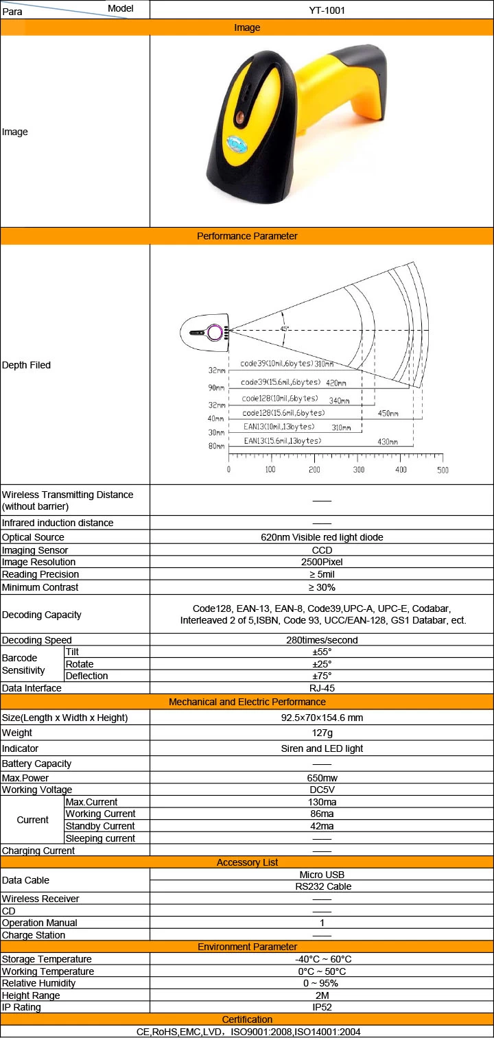 Yumite barcode scanner specification sheet
