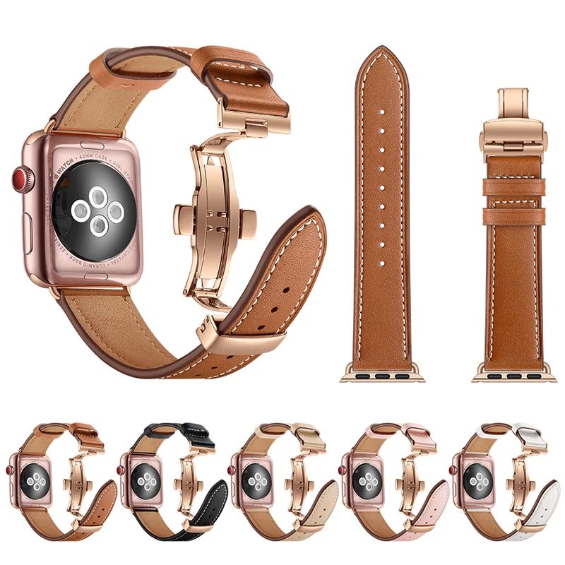 China CBIW1025 Trendybay Butterfly Buckle Top Grain Leather Watch Strap For Apple Watch manufacturer