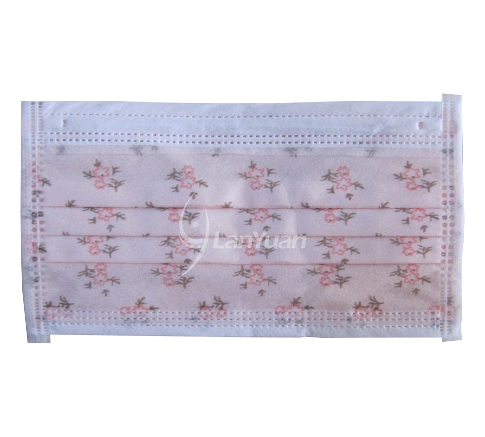 Single Piece Package Ear Loop Nonwoven Pink Face Mask With Flowers Pattern
