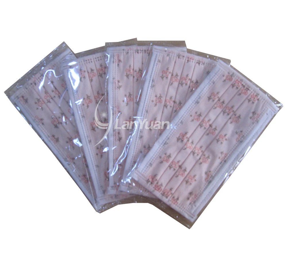 Single Piece Package Ear Loop Nonwoven Pink Face Mask With Flowers Pattern