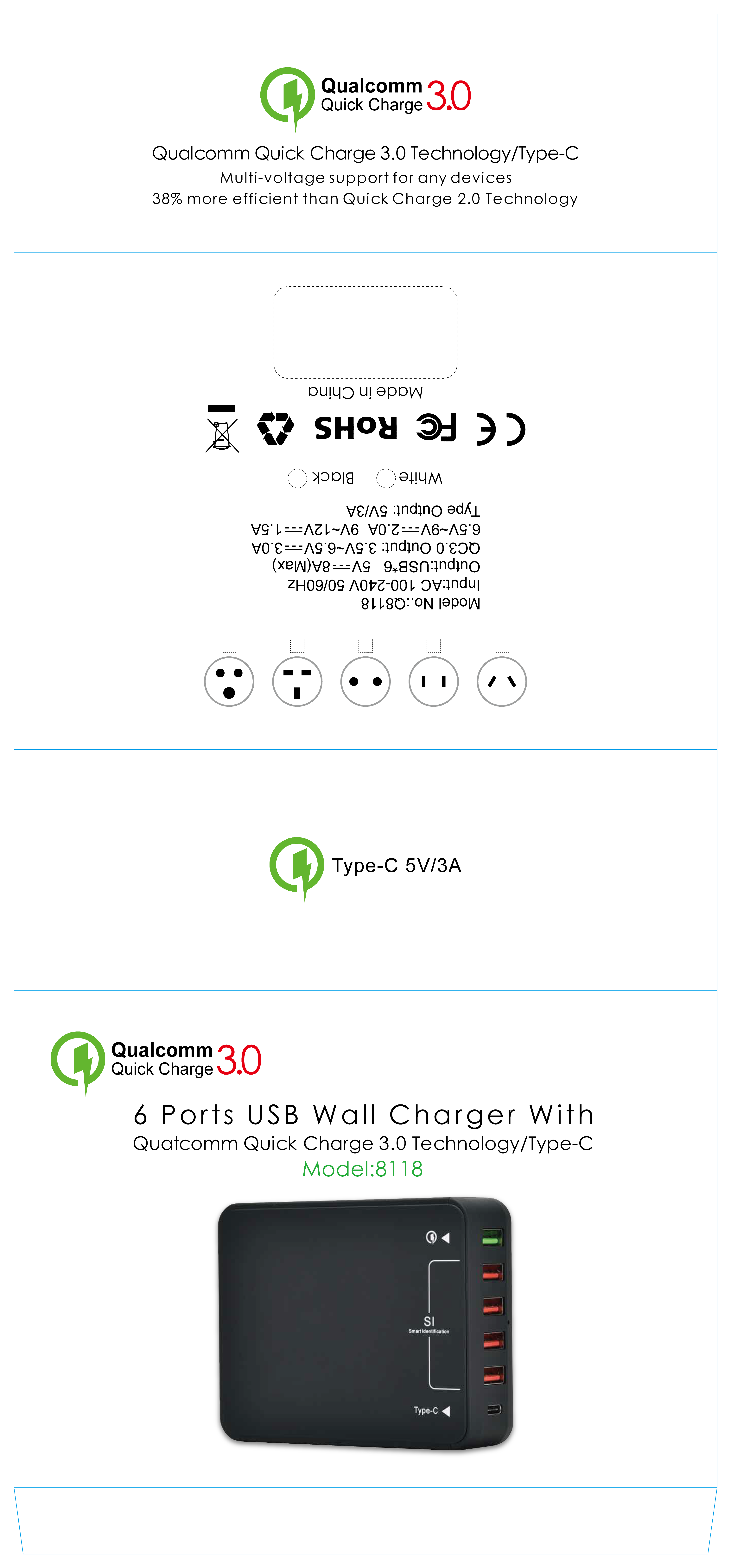 QC3.0 6 Ports Intelligent USB 3.0 Fast Charger