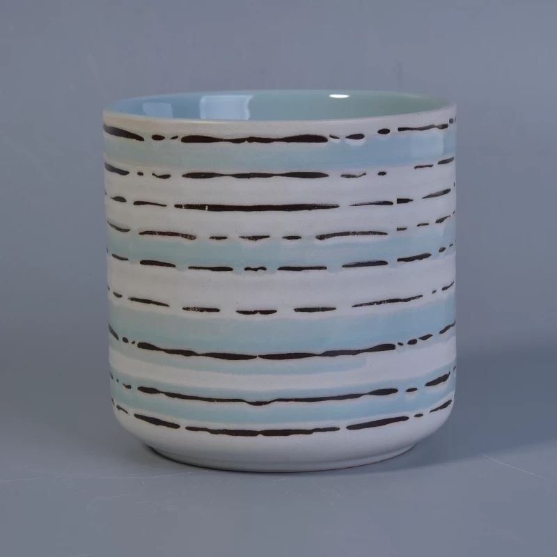  Hand made blue white line painted ceramic soy wax container jar 
