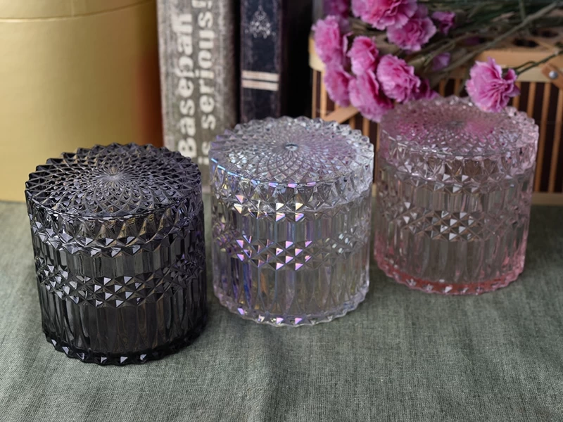 Hot sale embossed textured glass candle jar with lid