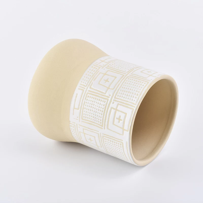 Home decoration cylinder round bottom totem pattern yellow ceramic candle jar