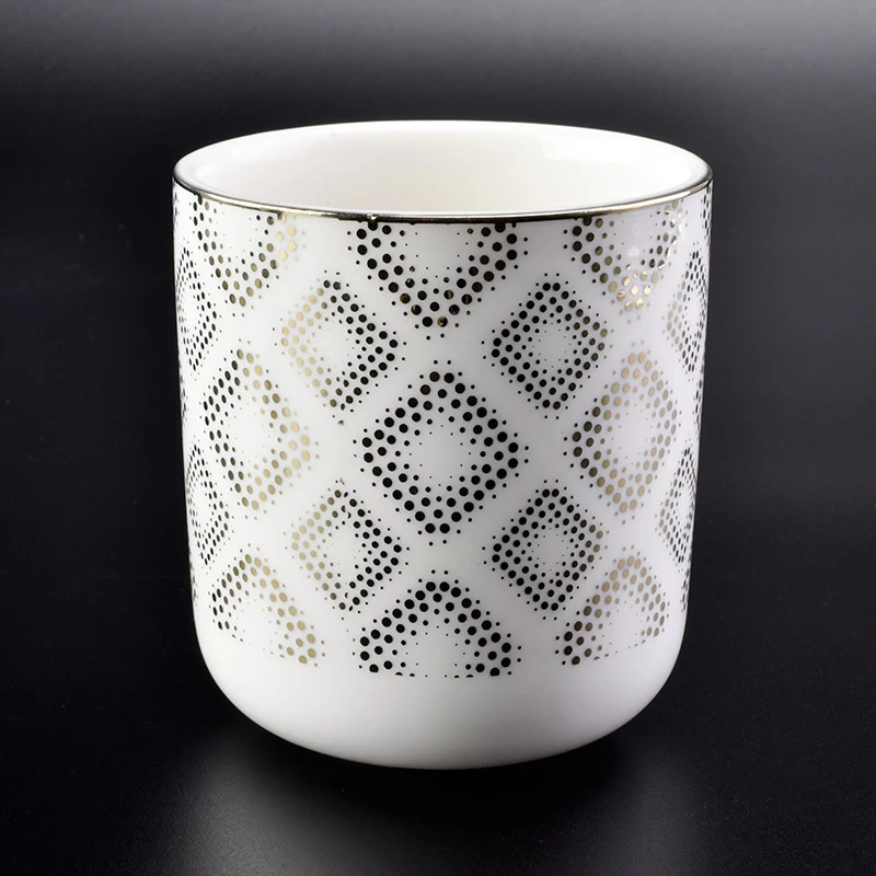 12 oz ceramic candle vessels in white with gold pattern