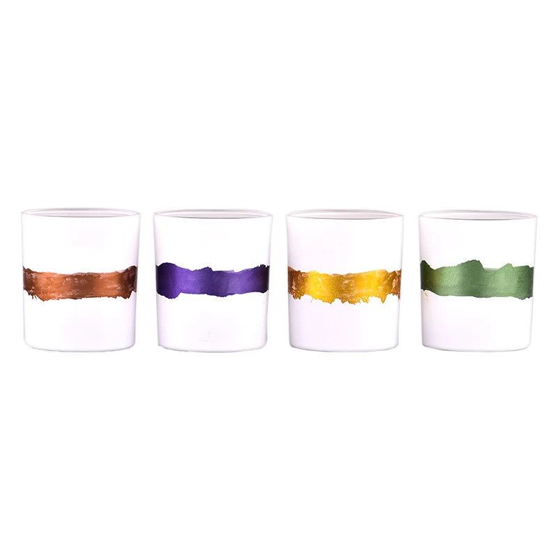 300ml white glass candle jars with green hand painting effecting wholesale