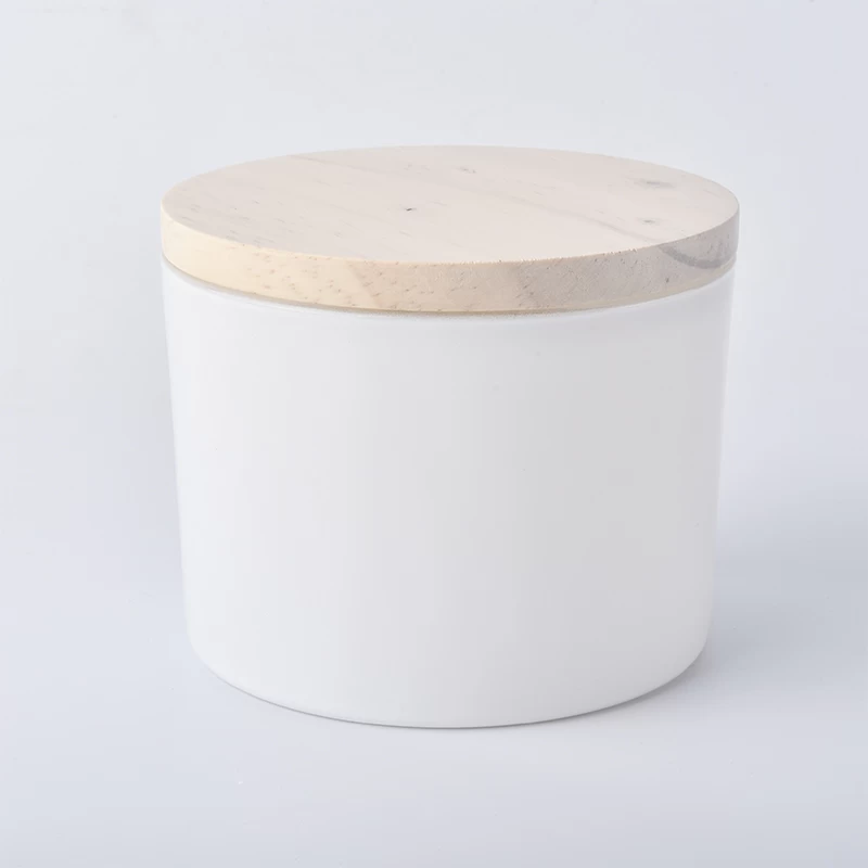 14 oz white glass candle jar with wooden lid