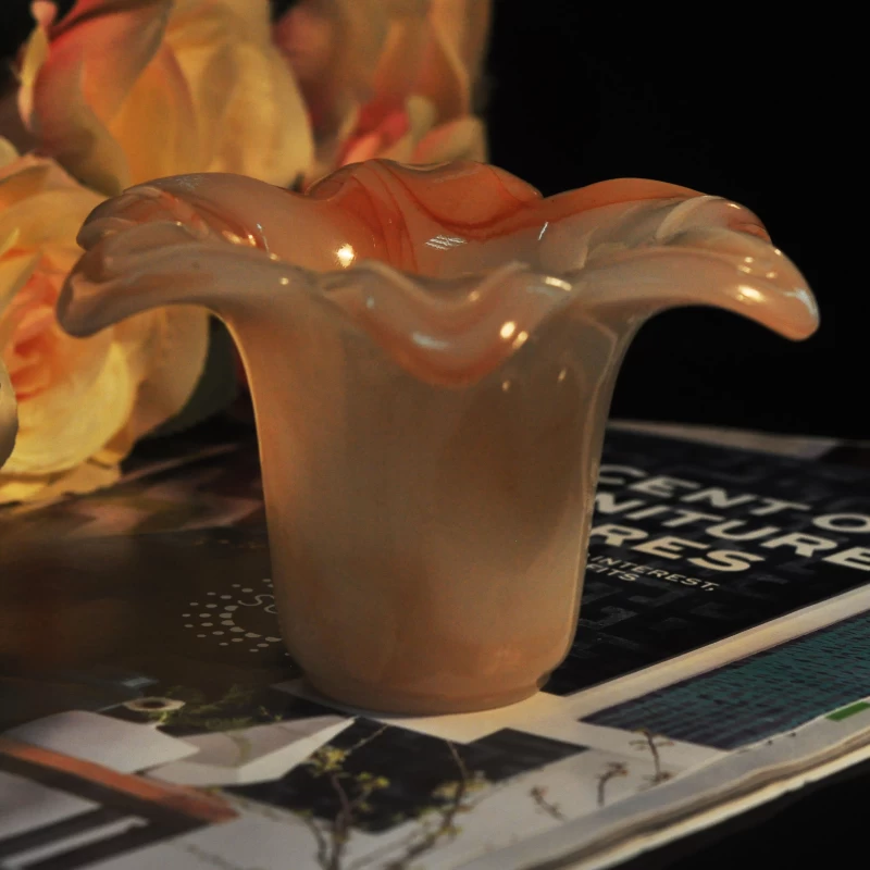 flower shape cylinder jade amber color decorative glass candle jar candle holders