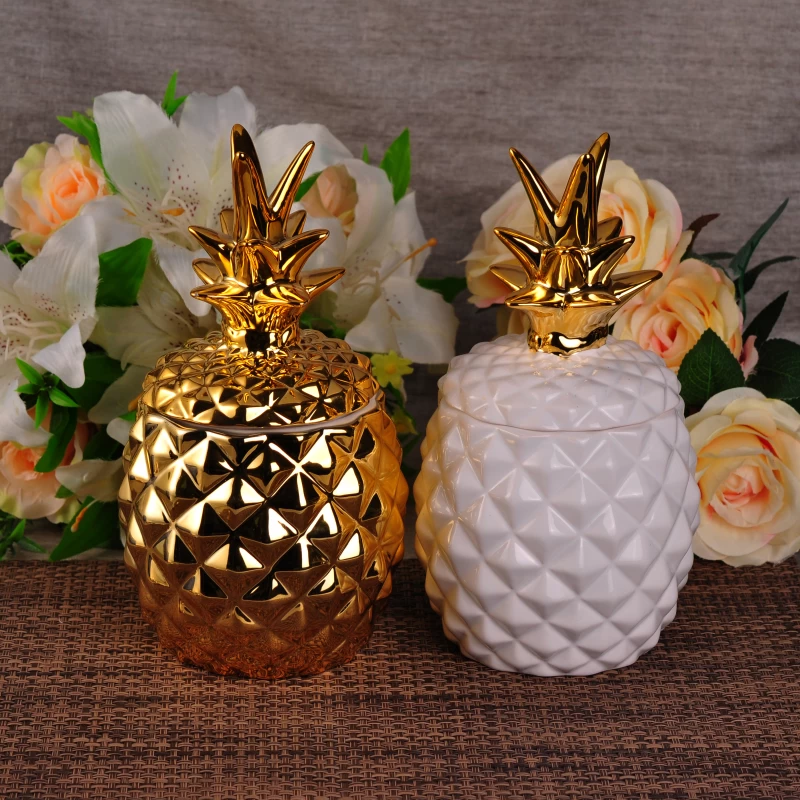 Golden eletroplating candle holder pinapple candle jar with lid