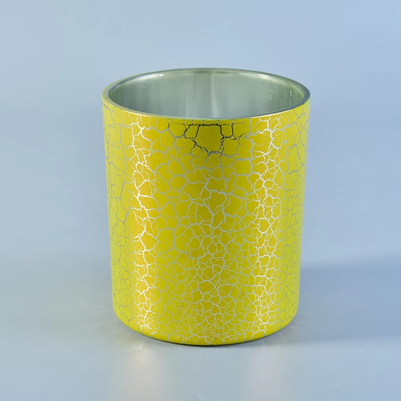 Cylinder 390ml Glass Candle Holders with Yellow Crack Lacquer Decoration