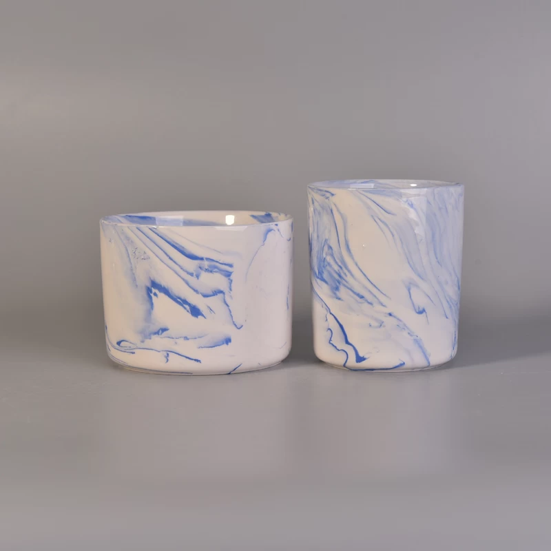 Cylinder Marble Pattern Blue Ceramic Candle Holder Popular Decoration