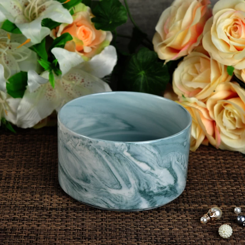 Cyan Color Marbel Pattern Ceramic Candle Jars for Wedding Decor