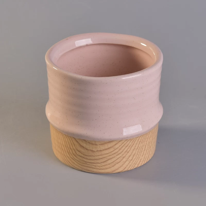 luxury round ceramic candle jar with wooden pink ceramic candle container 