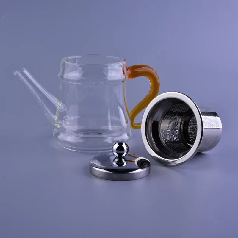 Wholesale promotional clear glass teapot yellow handle with filter