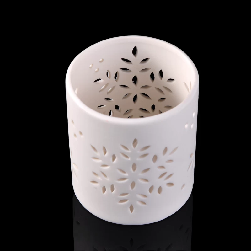 Matte White Ceramic Tealight Candle Holder with Pierced Leaves Pattern