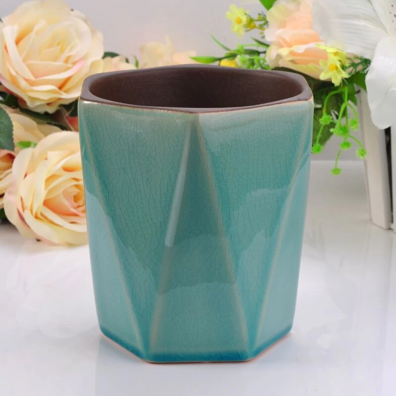 Hexagon Shape Ceramic Candle Holder With Glazed Different Color Available
