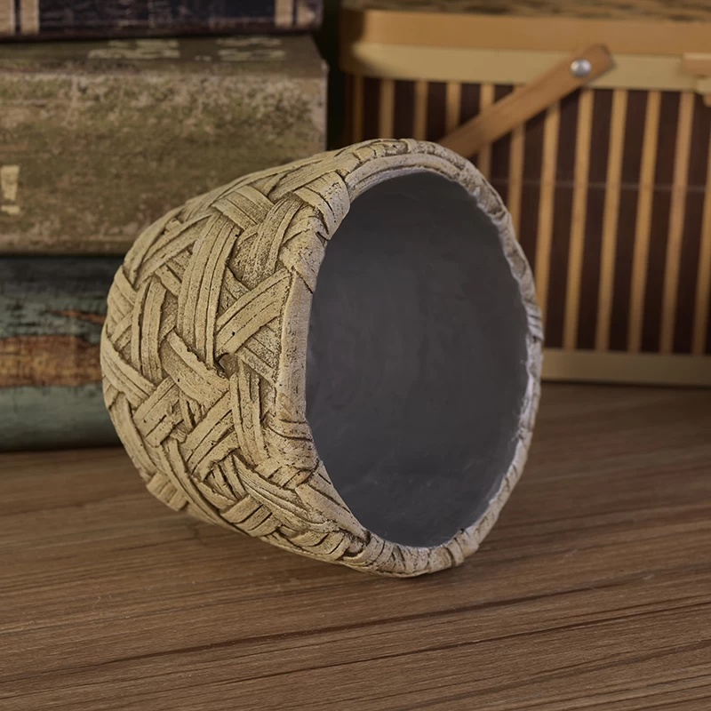 404ML Archaistic Retro Bamboo Weaving Textured Cement Candle Holders for Wax
