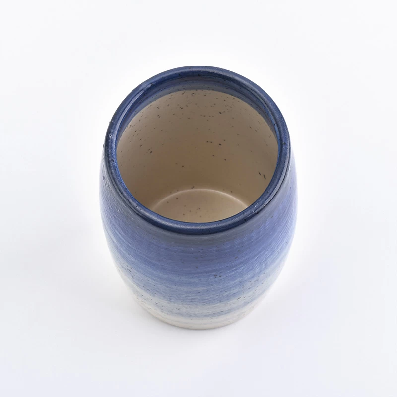 Blue and white gradient oval vessel ceramic candle holder