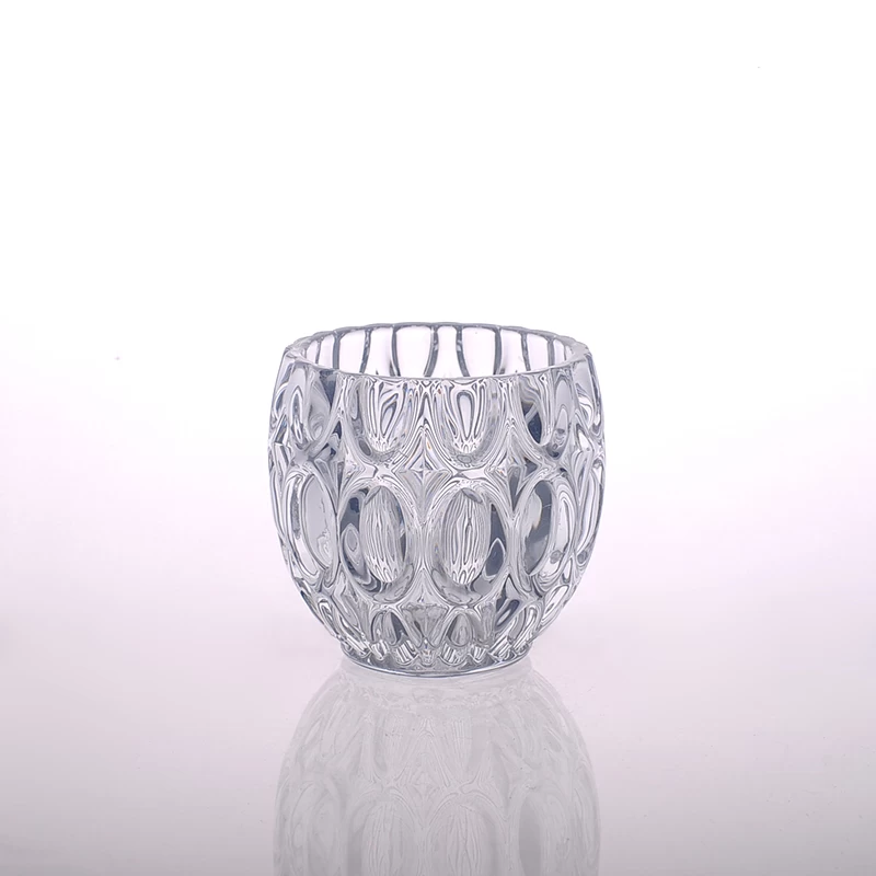 Round engraved pattern clear glass candle holder