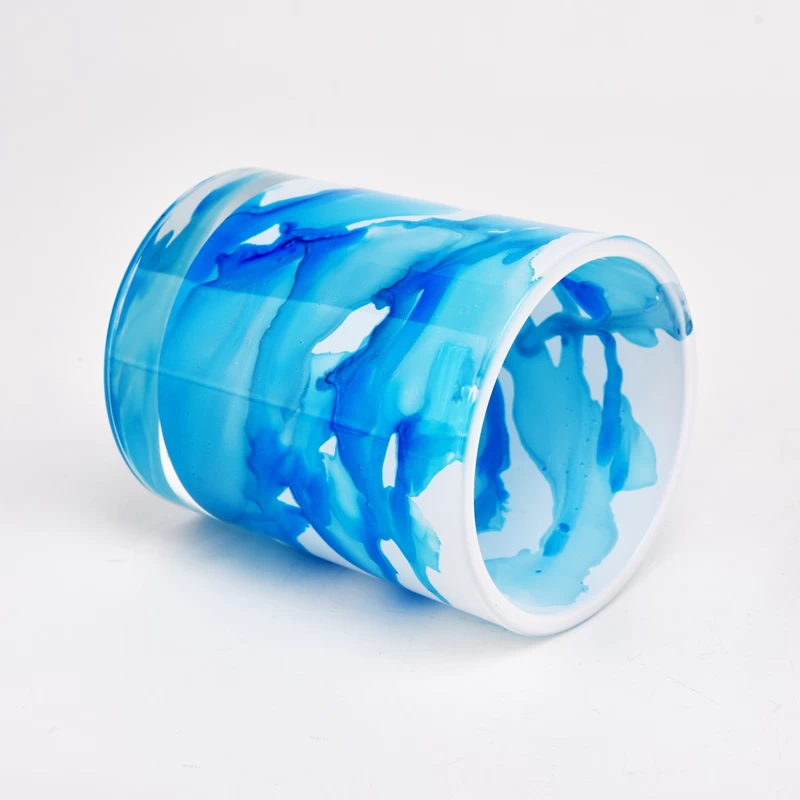 New design 300ml blue marble glass candle jar wholesale