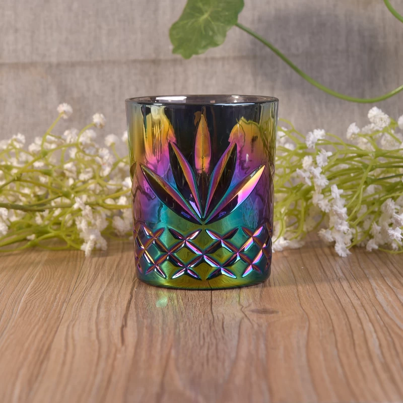 Pineapple debossed ombre plating rainbow color glass candle jars