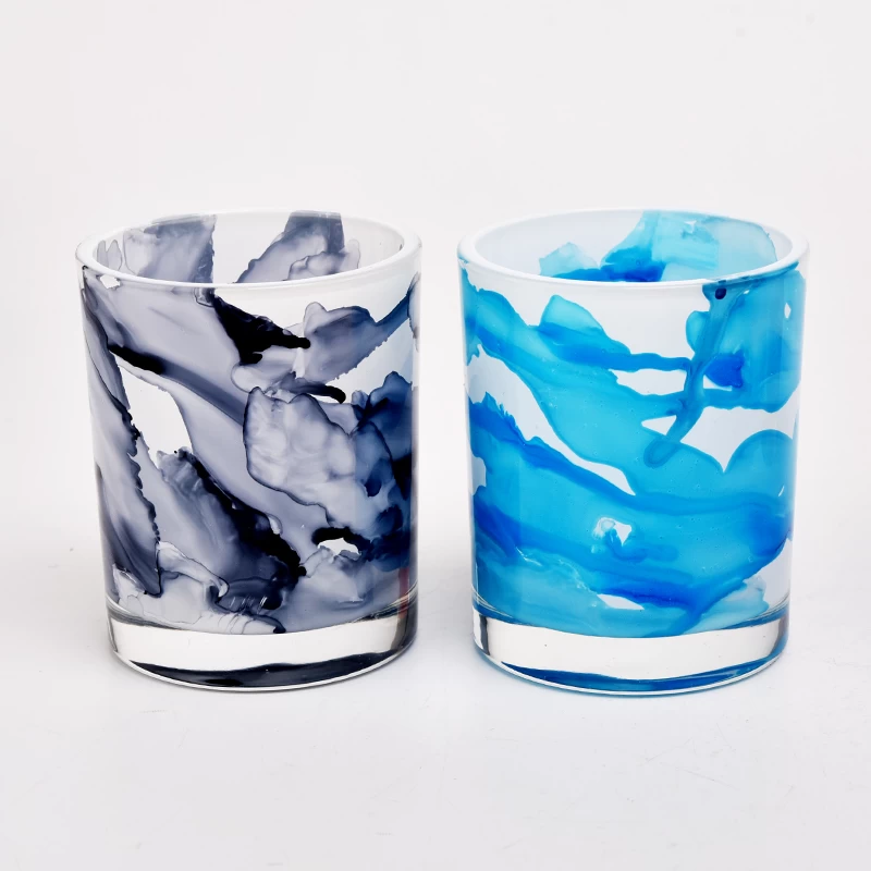 New design 300ml blue marble glass candle jar wholesale
