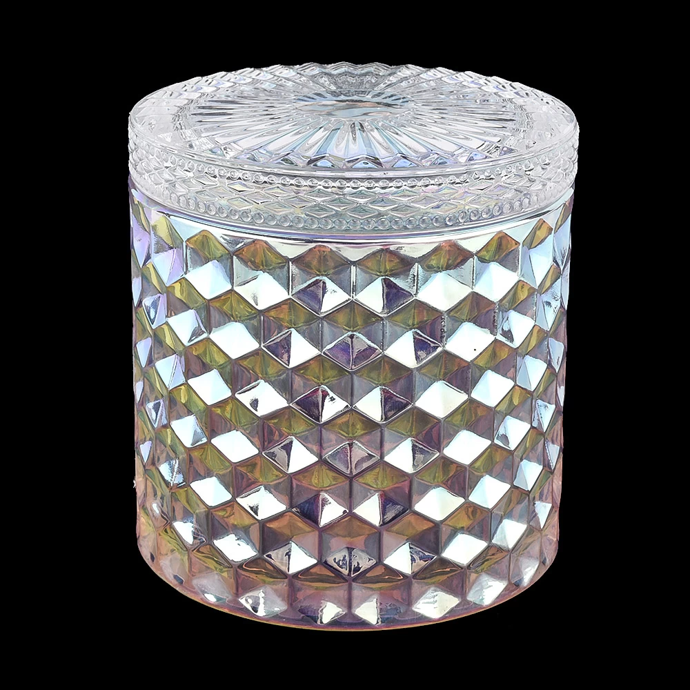 Iridescent glass candle jar with lids diamond glass jars