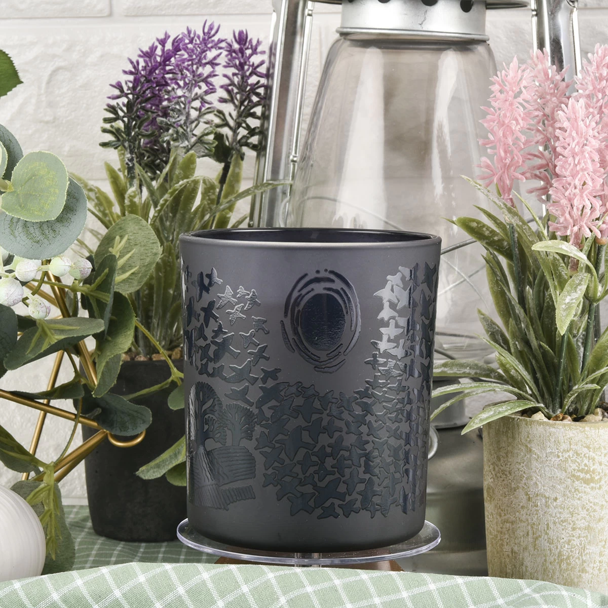 black glass candle jar 12 oz matte surface with glossy pattern