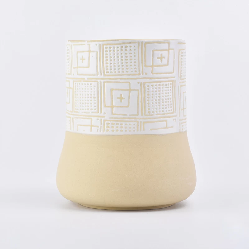 Home decoration cylinder round bottom totem pattern yellow ceramic candle jar