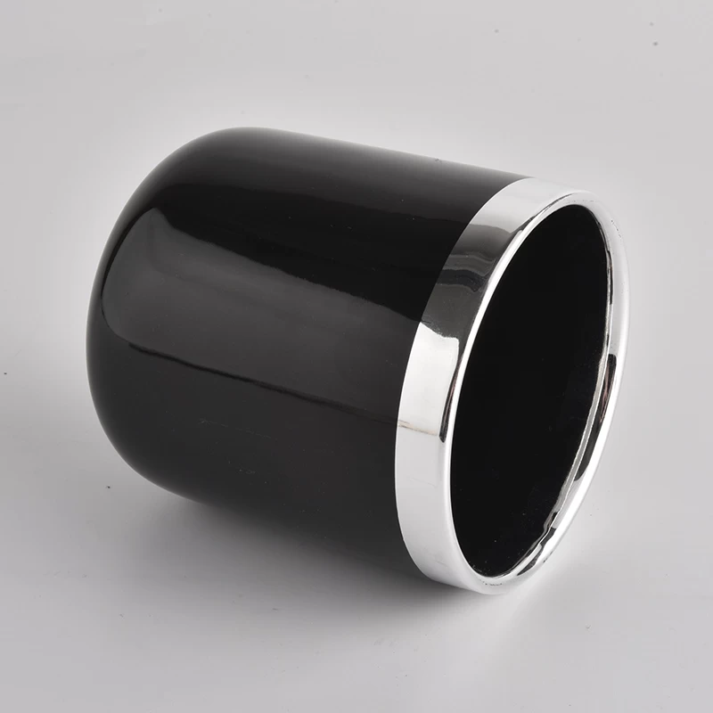 glossy black ceramic candle holders with silver top rim