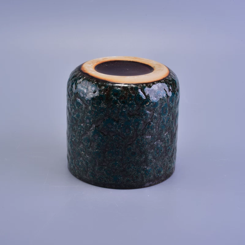 Rough shinny surface unique dark green glazed ceramic candle jar 