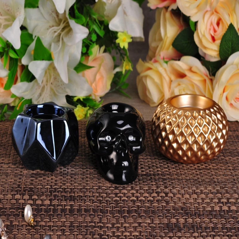 Black skull ceramic tea light candle holder for home decor