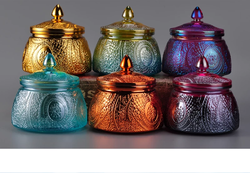 8oz decorative glass candle containers with lids carved pattern design