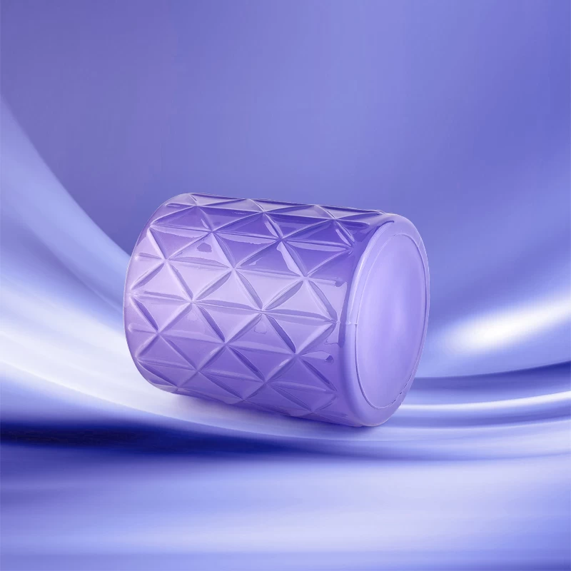 Luxury 14oz emboss pattern purple glass candle holder wholesale