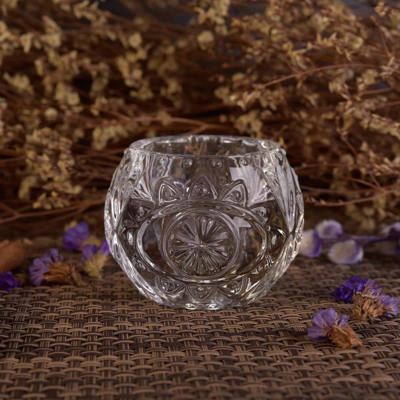 Round Flower Design Debossed Clear Glass Candle Holders