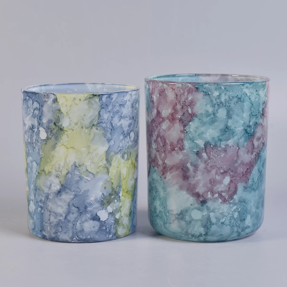 colorful painted marble effect cylinder glass candle vessel