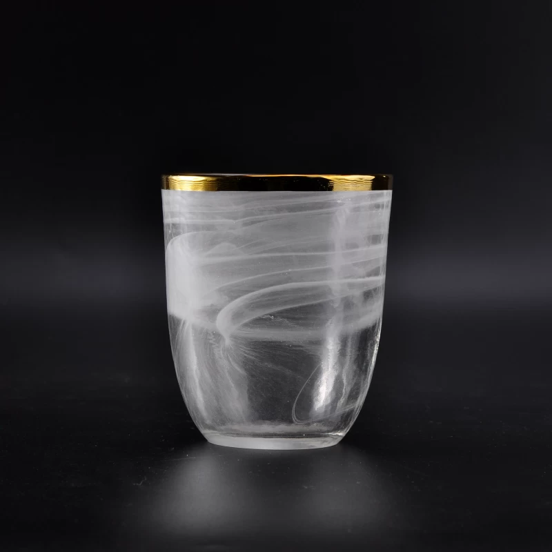 Home decor white cloudy glass candle holder with gold rim
