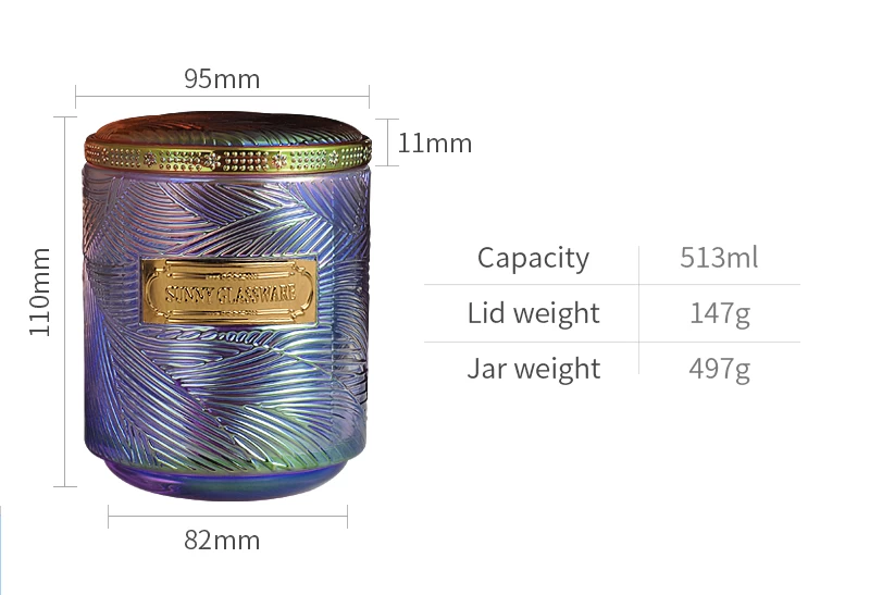 18oz Luxury iridescent glass candle jars with leaf vein pattern design