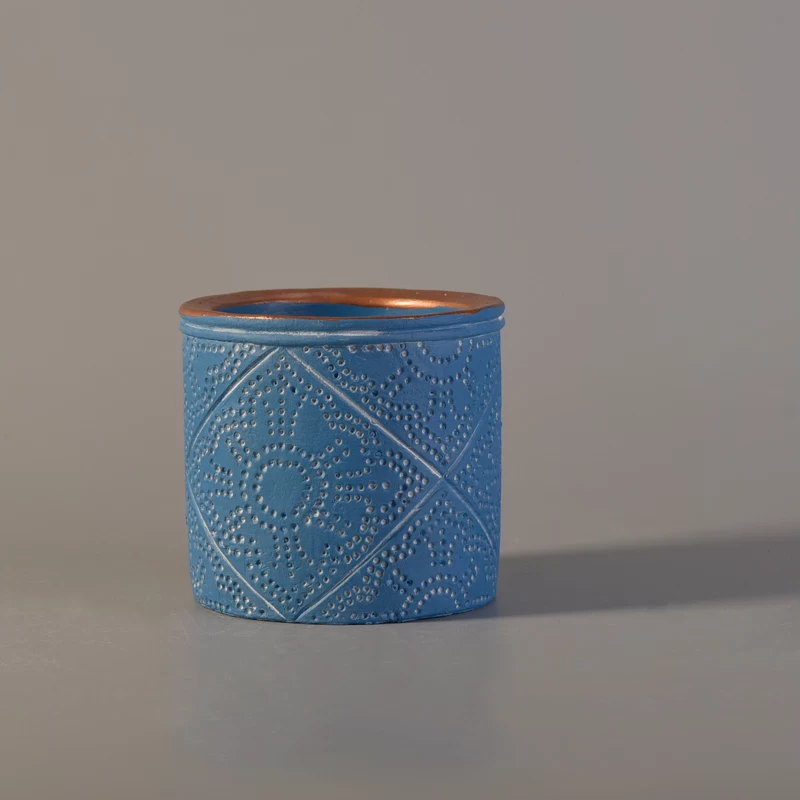 Blue Painted Concrete Candle Holders with Gold Rim