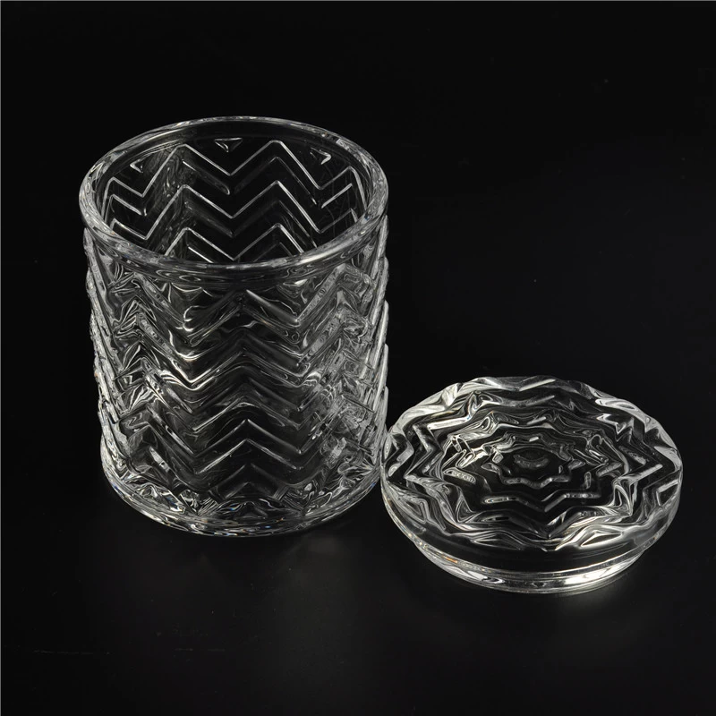 Line emboss glass cylinder jar with lid