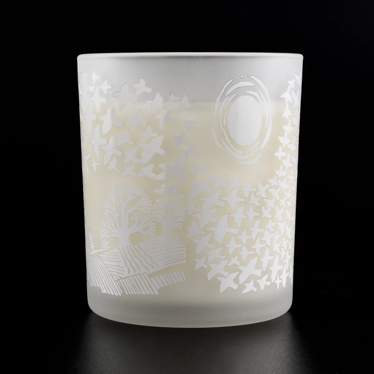 white glass candle jar 12 oz matte surface with glossy pattern