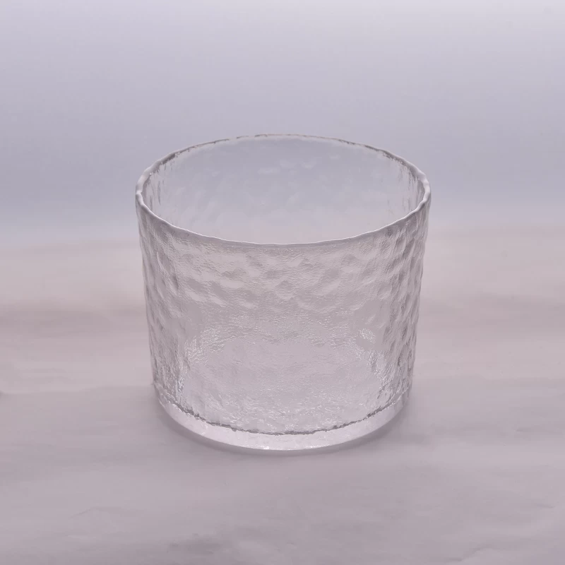 Hammered transparent cylinder glass container for candles
