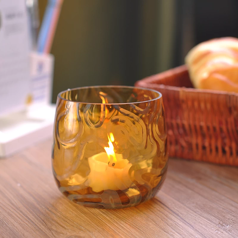 Colored Glass candle holder with flower pattern