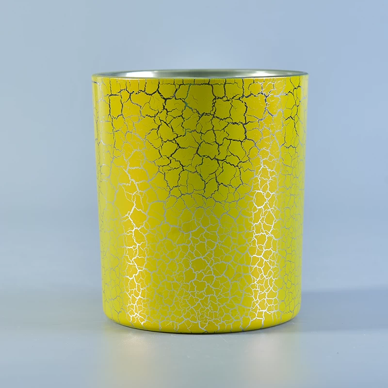 Cylinder 390ml Glass Candle Holders with Yellow Crack Lacquer Decoration