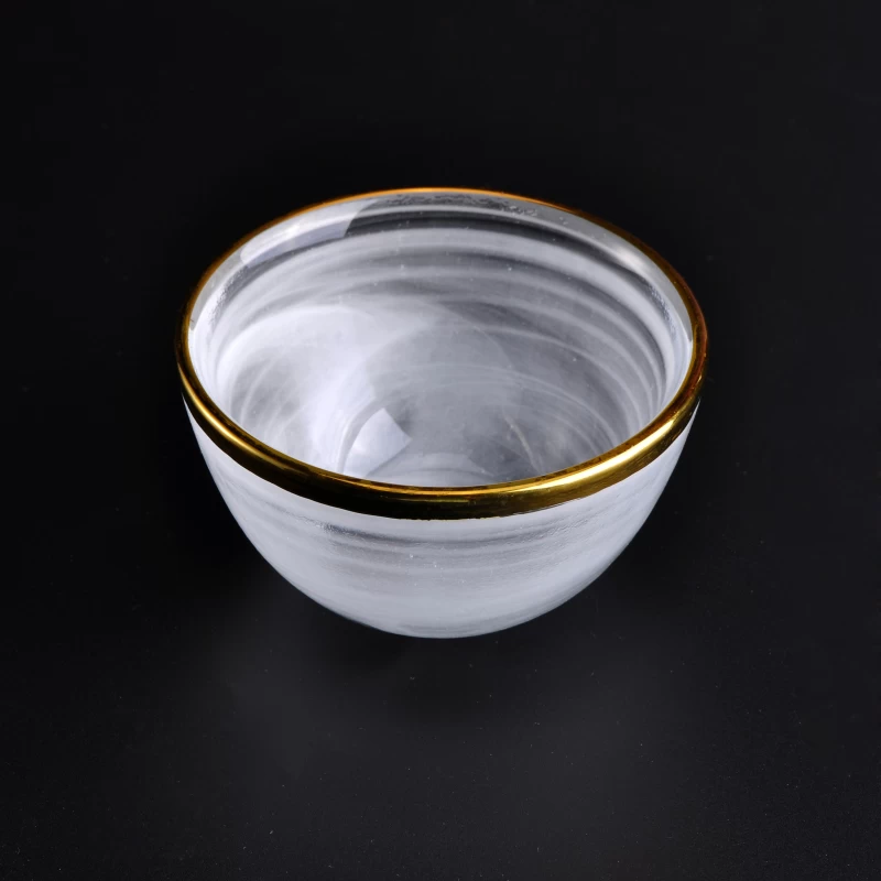 White Bowl Shape Glass Candle Holder with Golden Rim