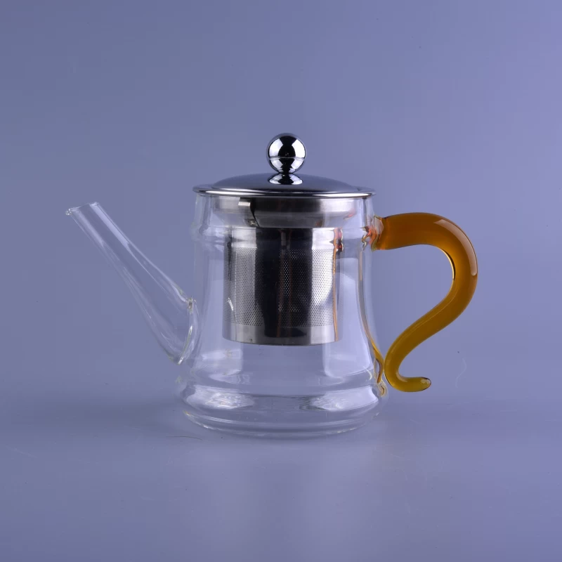 Wholesale promotional clear glass teapot yellow handle with filter