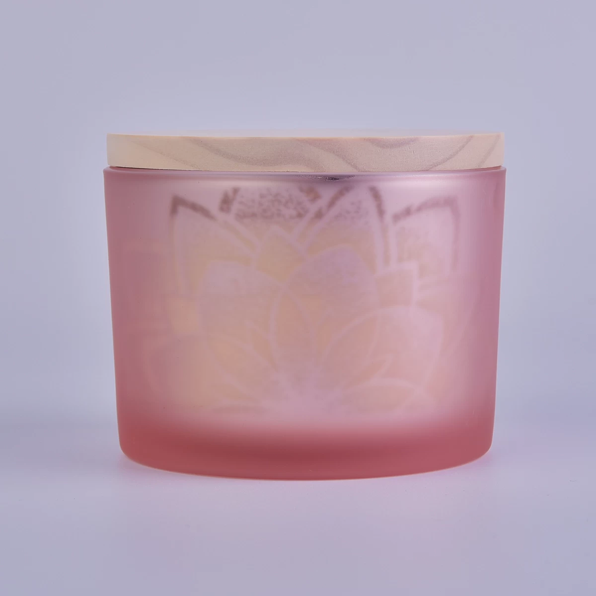14 oz laser pattern pink glass candle jar with wooden lid