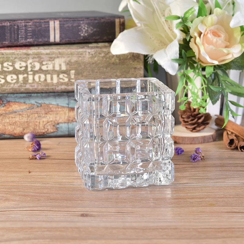 13oz Diamond cut transparent square glass candle jars wholesale