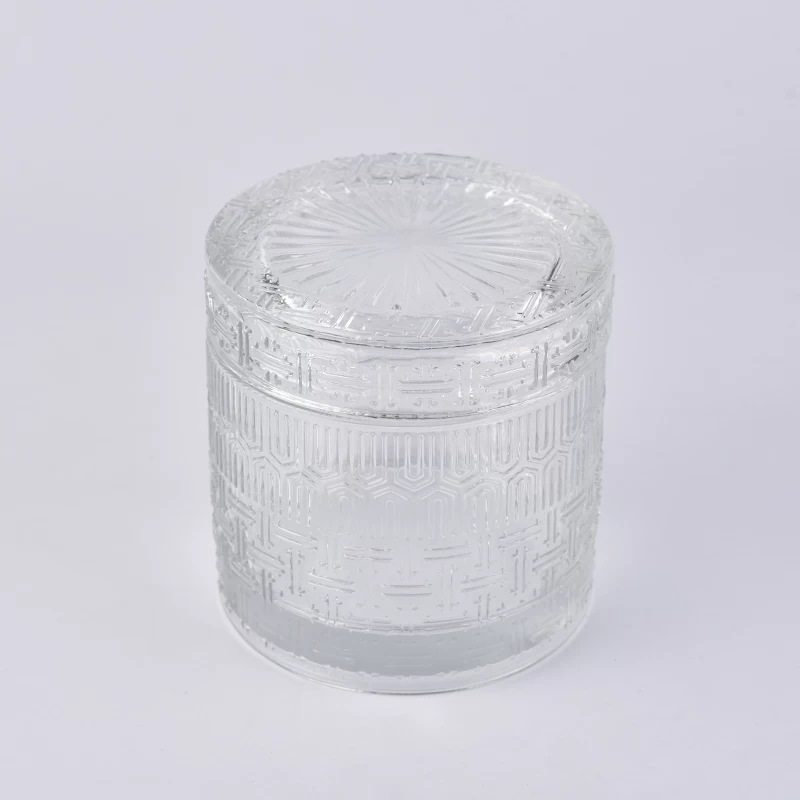 Emboss pattern 10oz filling glass candle holder with lid