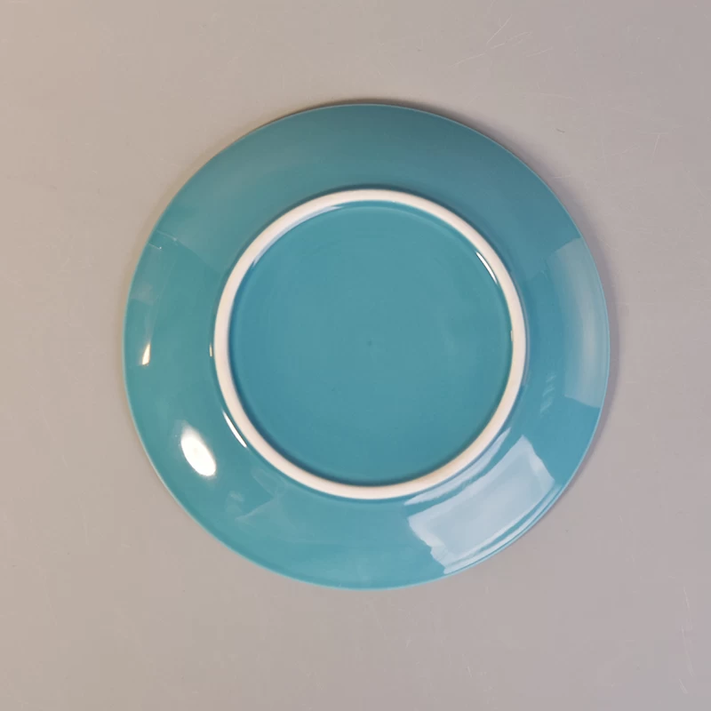 Dia 19cm Blue Glazed Round Ceramic Plates Saucers with Flower Design